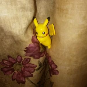 Pokemon cards and posters and a pickachu toy